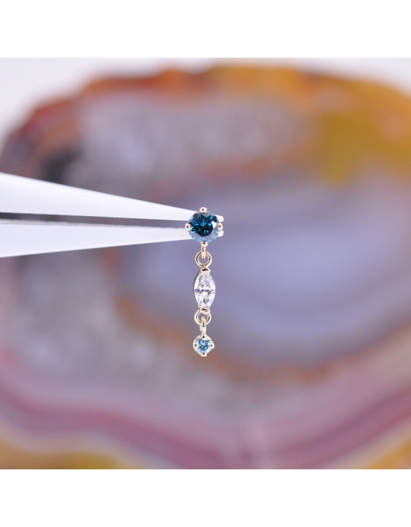 BVLA Wintermoon 3 16g Threaded End 14k Yellow Gold Ocean Blue Diamond(3mm), Diamond(4x2mm), and Ice Blue Diamond(1.5mm)