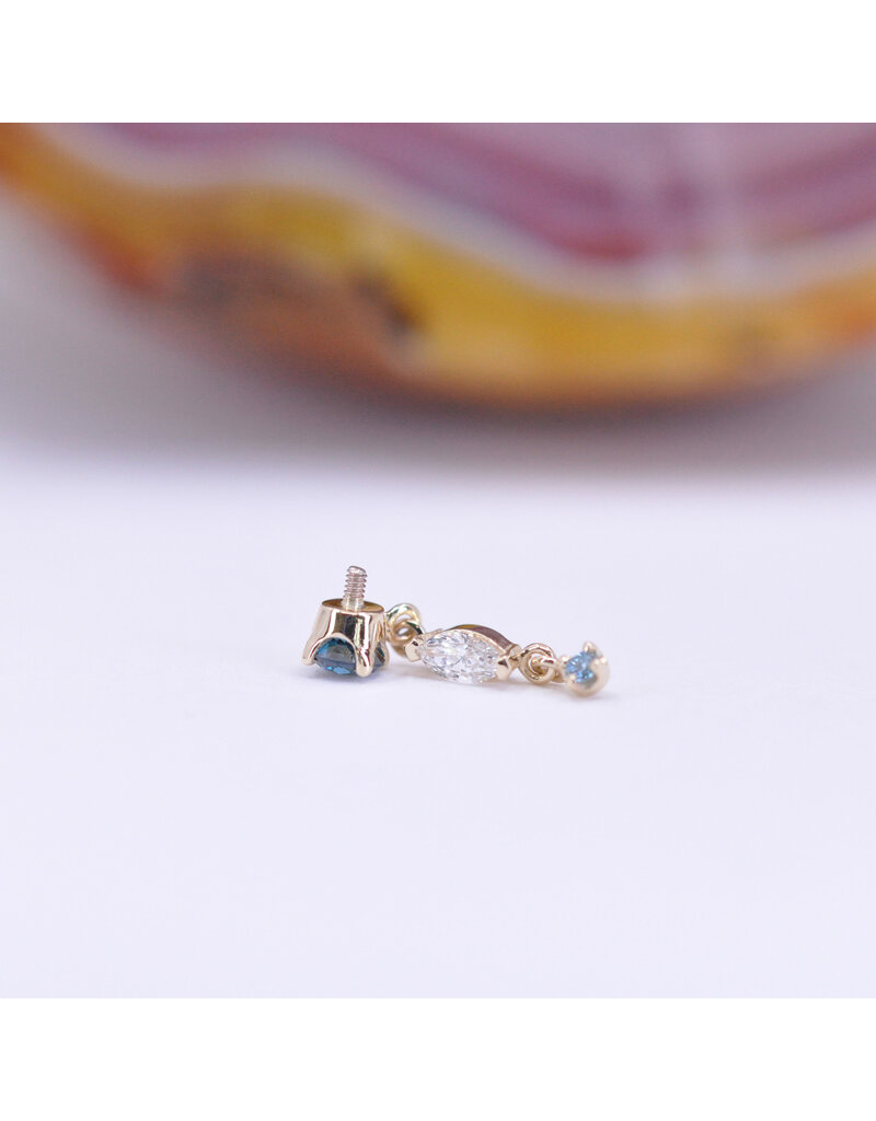 BVLA Wintermoon 3 16g Threaded End 14k Yellow Gold Ocean Blue Diamond(3mm), Diamond(4x2mm), and Ice Blue Diamond(1.5mm)