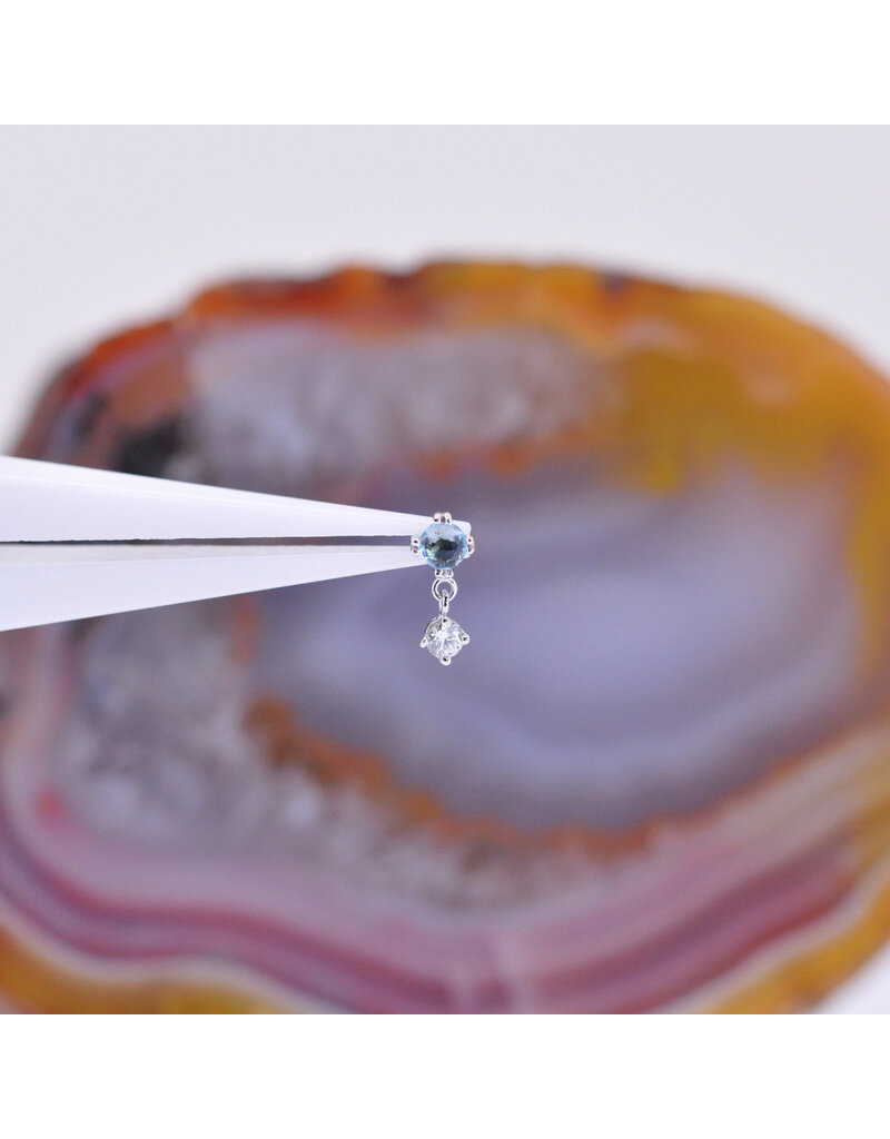 BVLA Duet Cabochon Prong 16g Threaded End 14k White Gold Rose Cut Swiss Blue Topaz(2.5mm) and Diamond(2mm)