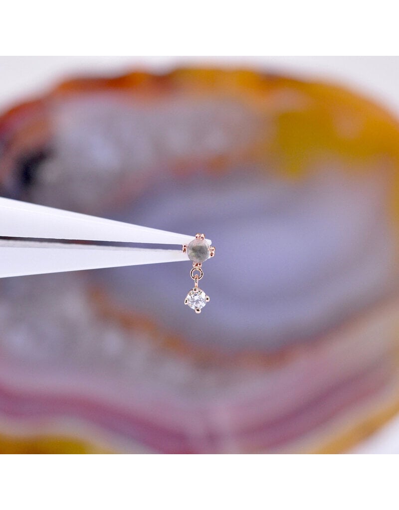 BVLA Duet Cabochon Prong 16g Threaded End 14k Rose Gold Rose Cut Labradorite 2.5mm and Diamond 2mm
