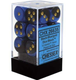 Chessex CHX 26635 D6 -- 16Mm Gemini Dice, Black-Blue/Gold; 12Ct
