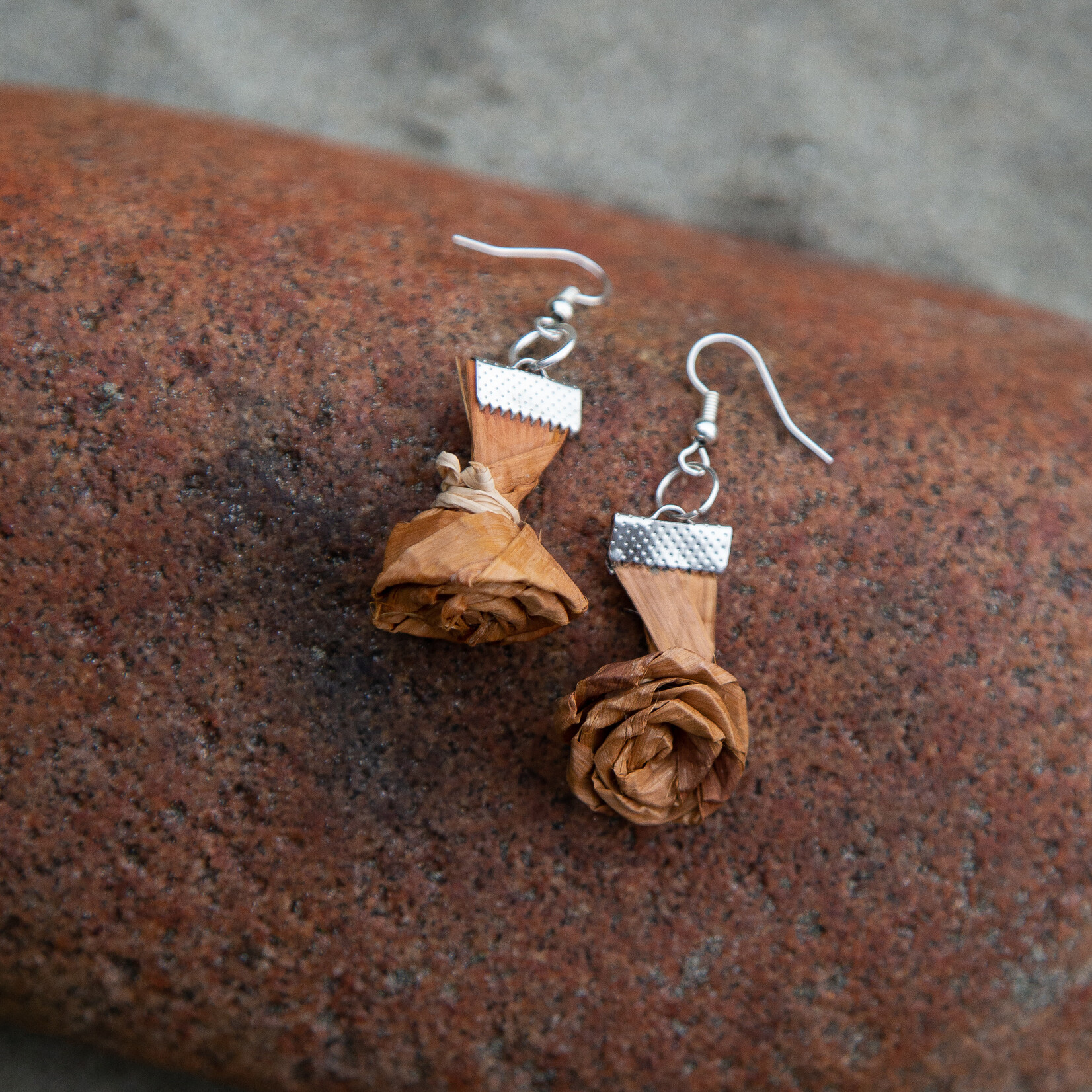 Elizabeth George rose earring woven cedar