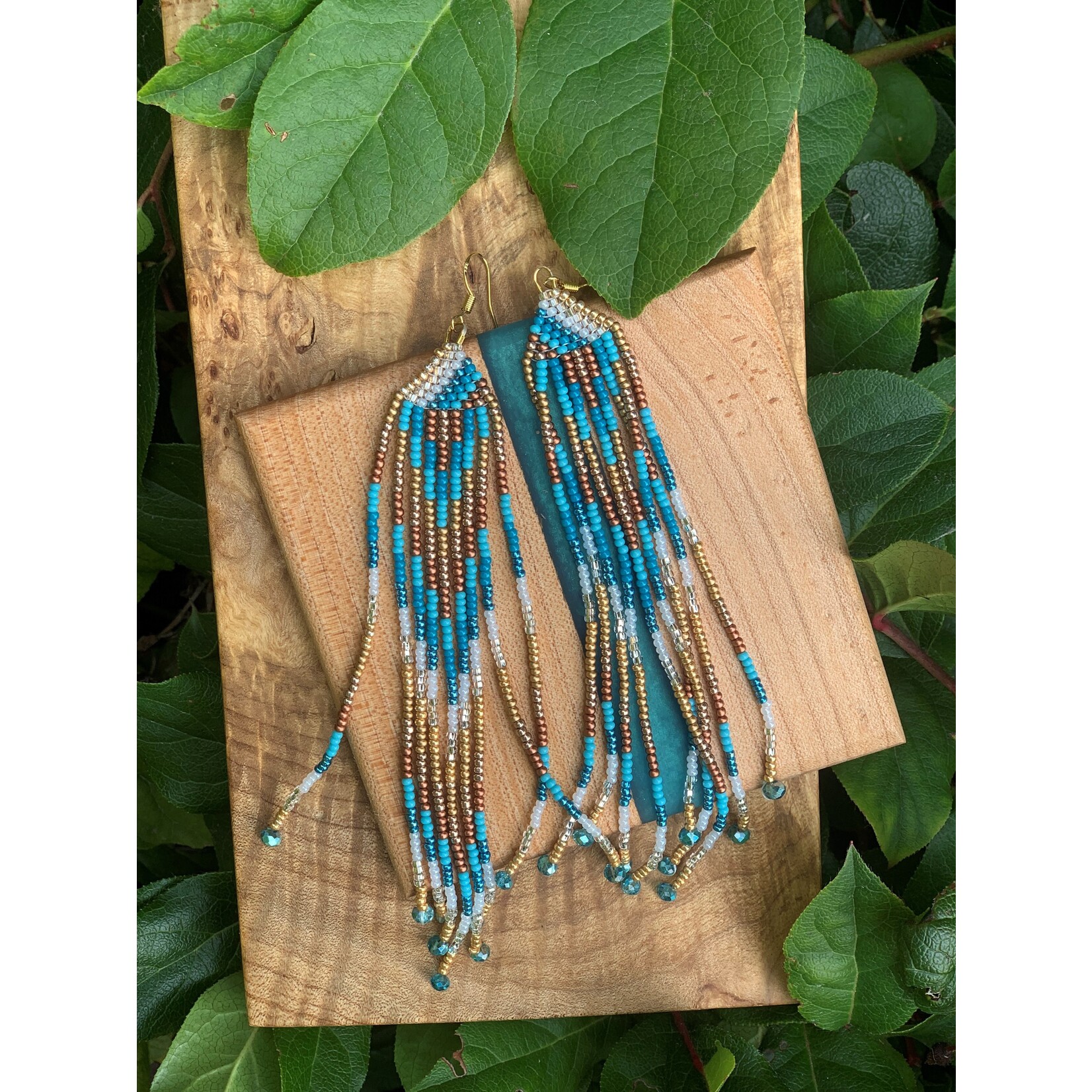 Terri Robinson Teal/Gold fringe earrings