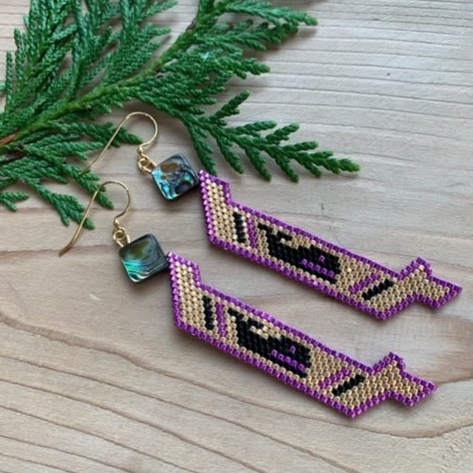Terri Robinson Purple/Gold Canoe Beaded Earrings