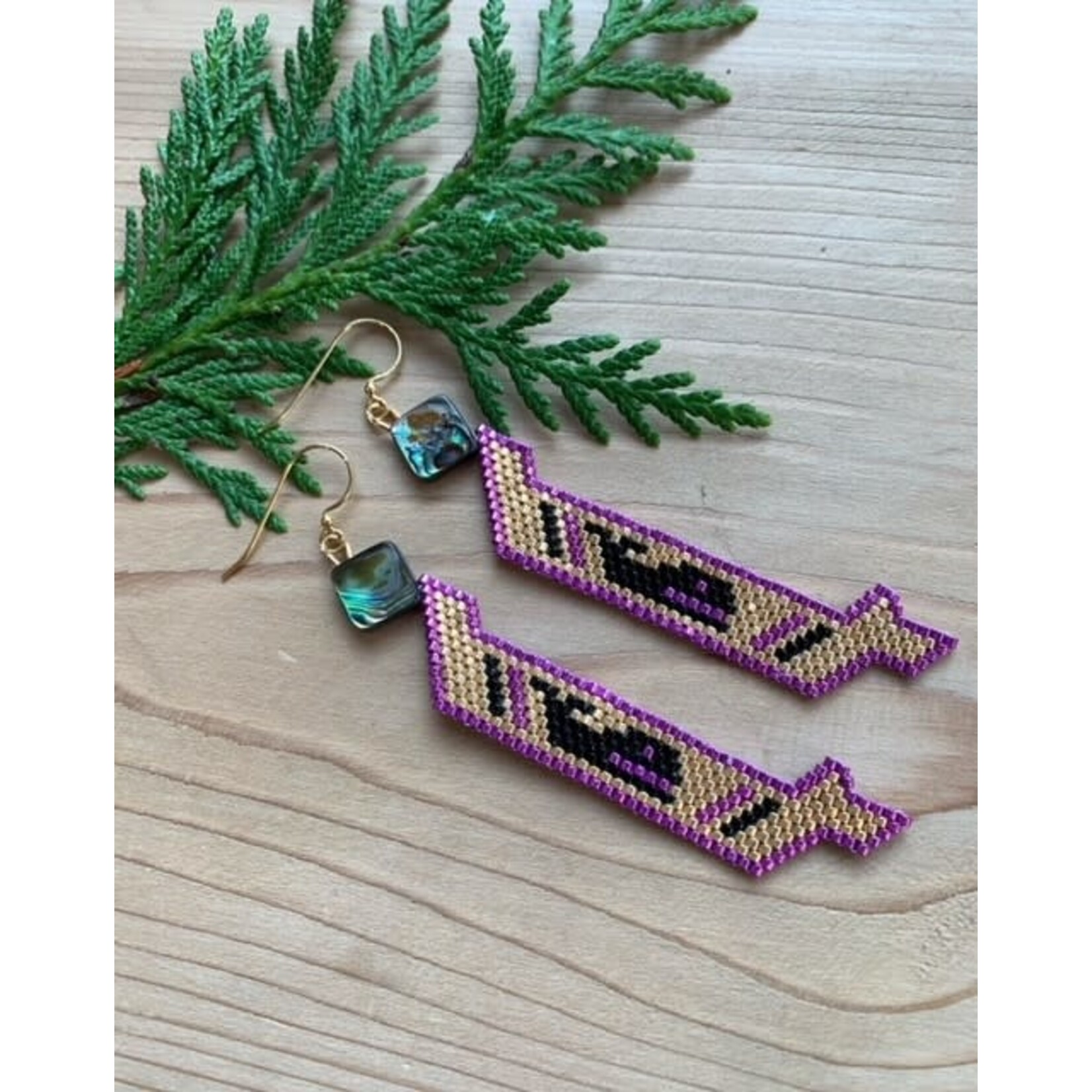 Terri Robinson Purple/Gold Canoe Beaded Earrings