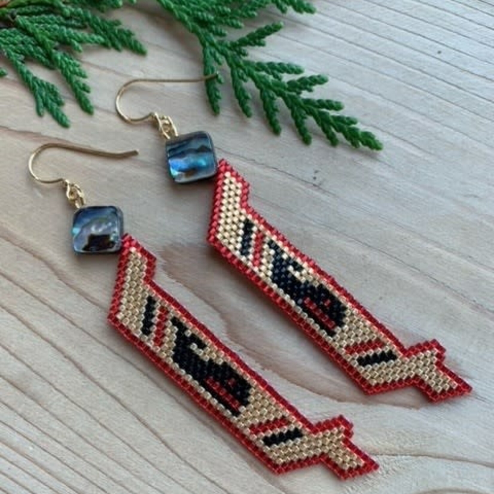 Terri Robinson Red/Gold Canoe Beaded Earrings