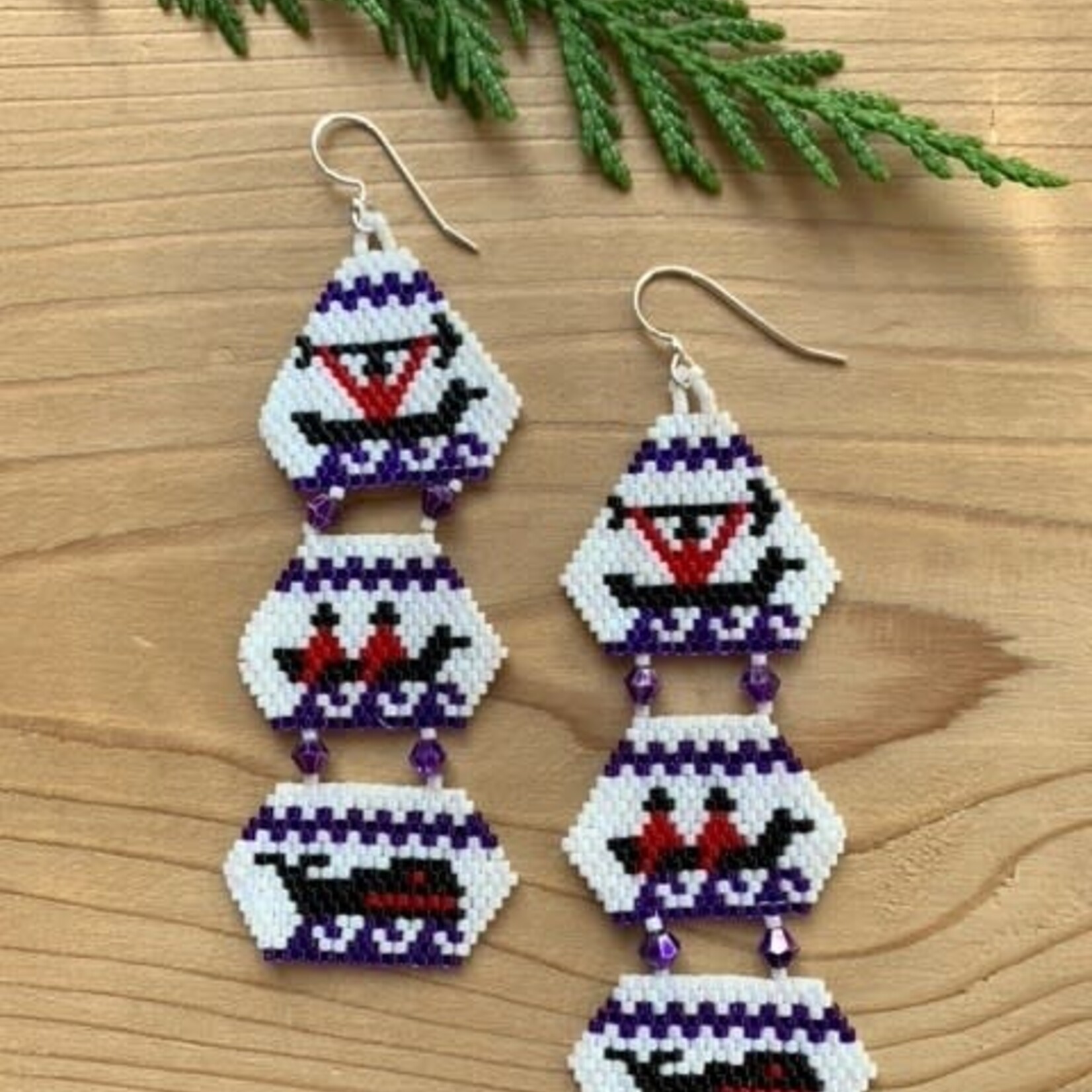 Esther Robinson White Purple 3 Tier Canoe Whale  Beaded Earrings