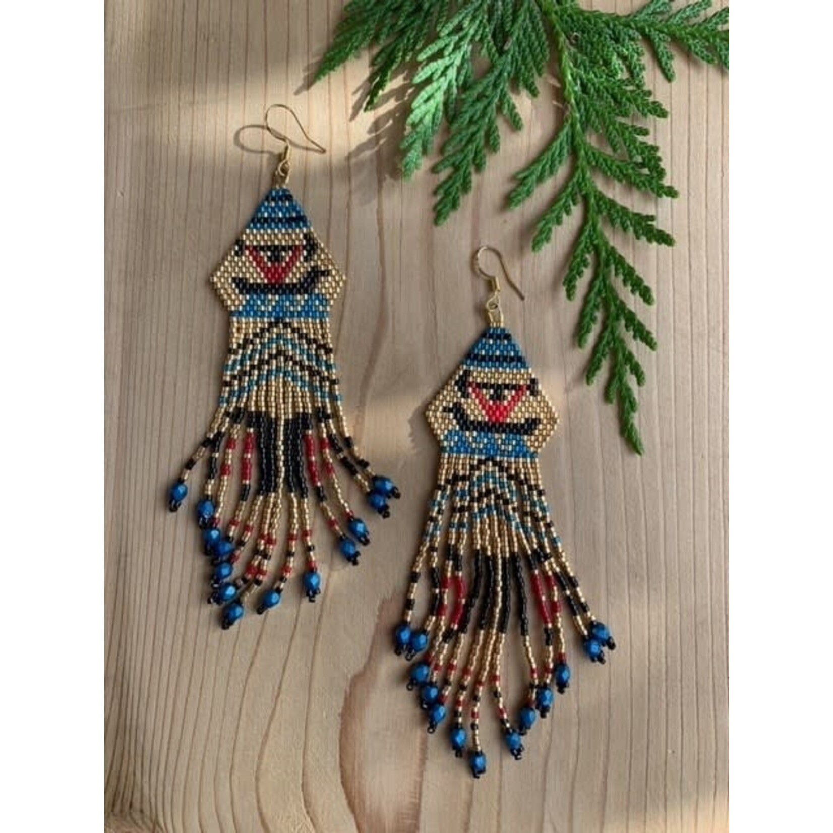 Esther Robinson Blue/Gold Canoe Fringe  Beaded Earrings