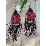 Esther Robinson Long Black Red Canoe Fringe  Beaded Earrings