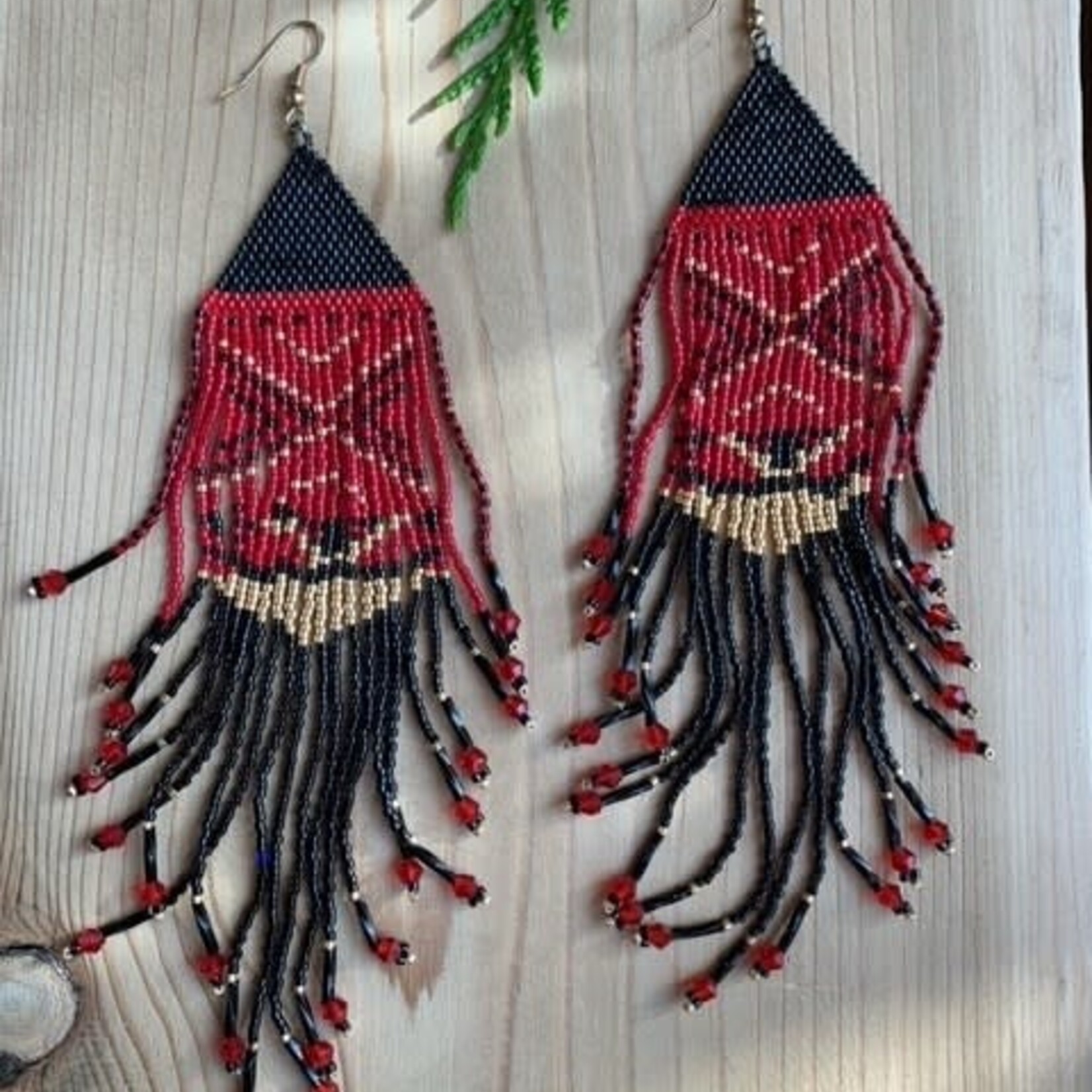 Esther Robinson Long Black Red Canoe Fringe  Beaded Earrings