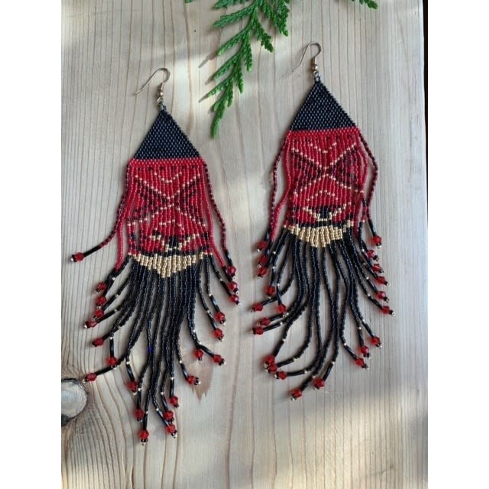 Esther Robinson Long Black Red Canoe Fringe  Beaded Earrings