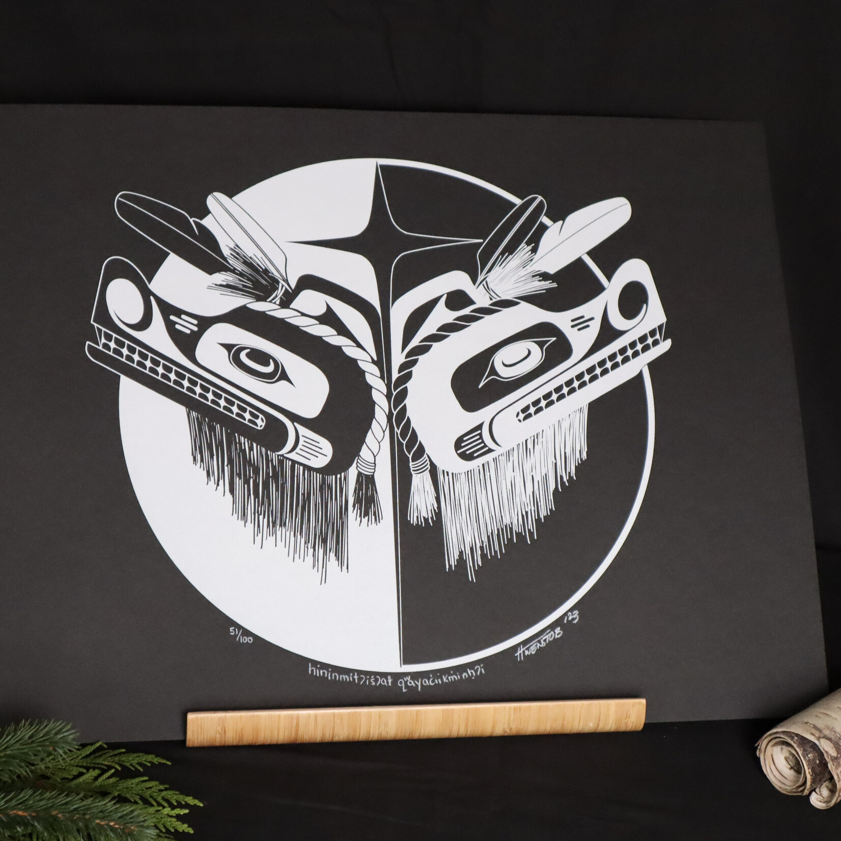 Cedar House Creations hininmitʔišʔał qʷayac̓iikm̓inḥʔi, hand printed silkscreen, 51/100