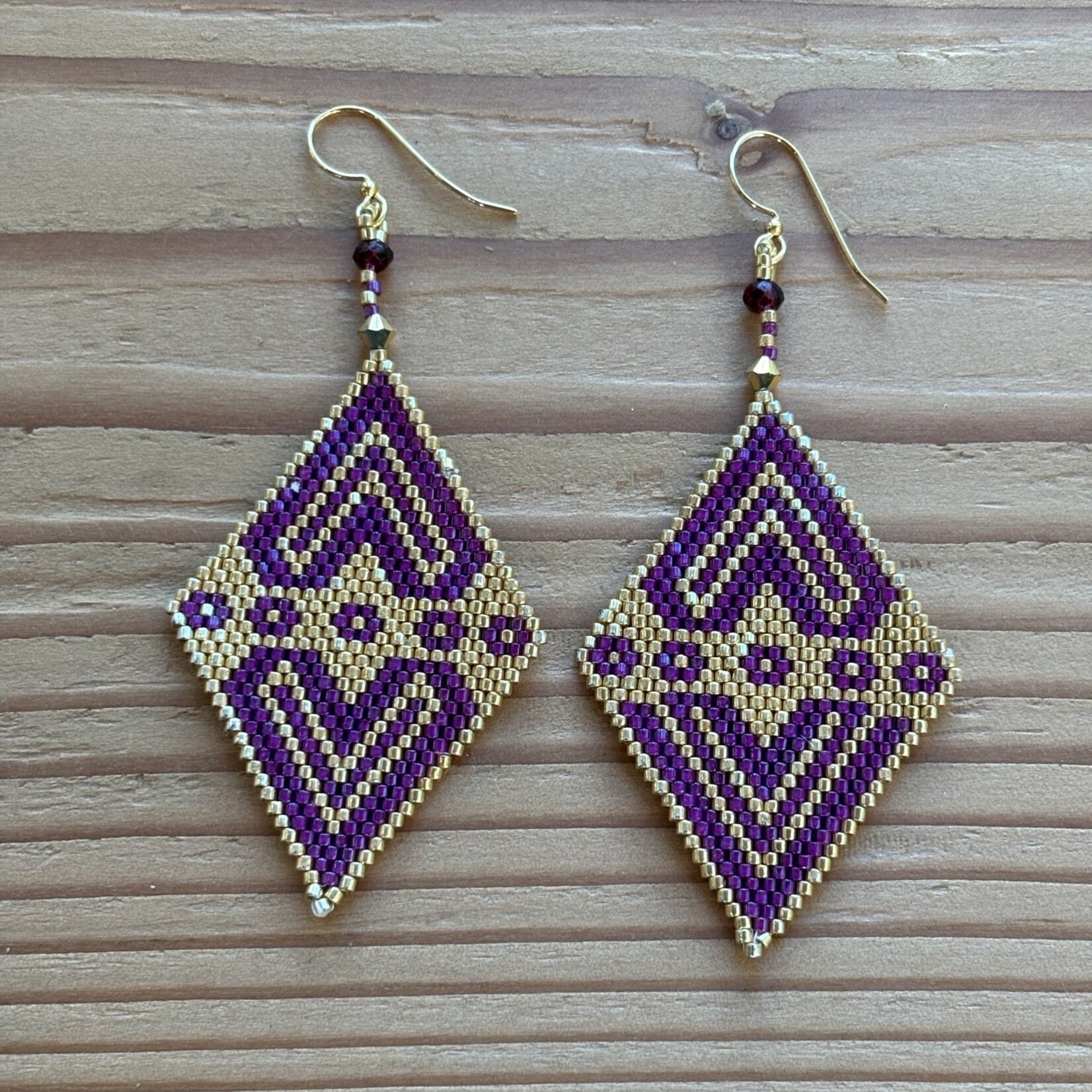 Esther Robinson Gold and Purple Hearts Triangle Beaded Earrings