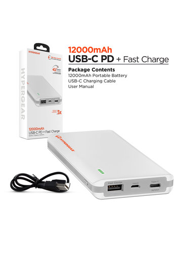 12000mAh 18W USB-C PD + Fast Charge Portable Battery 