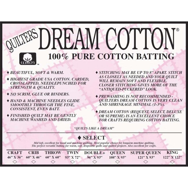 DREAM COTTON SELECT DOUBLE NATURAL BATTING 96" x  93"
