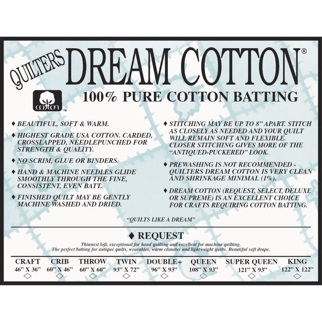 DREAM COTTON REQUEST CRIB WHITE BATTING 60" x 46"