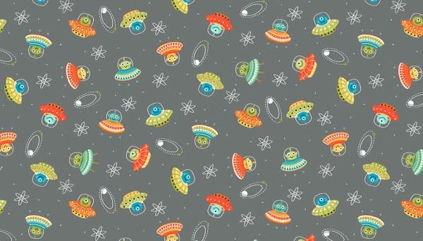 Makower UK Outer Space - Scattered Aliens on Grey -  PER CM OR $19/M