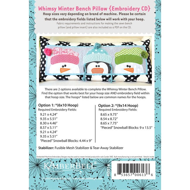 Whimsy Winter Bench Pillow Embroidery Designs CD NO LONGER AVAILABLE