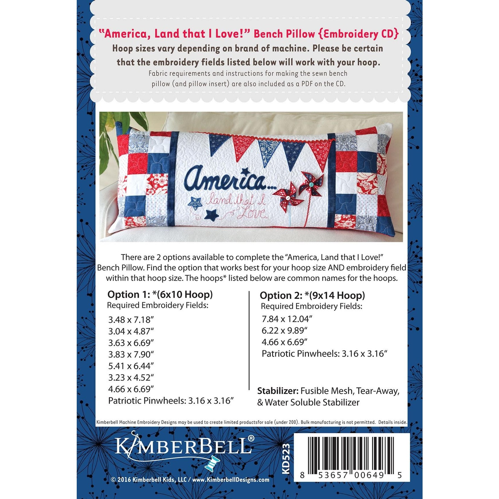 Kimberbell Designs America, Land that I Love! Bench Pillow Machine Embroidery CD