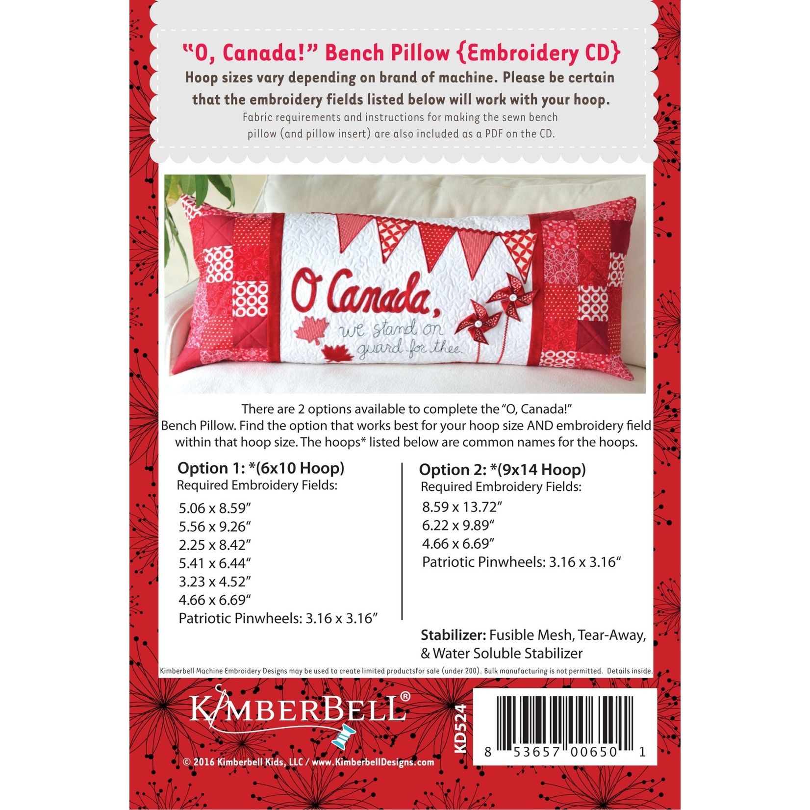 Kimberbell Designs O, Canada! Bench Pillow Machine Embroidery CD