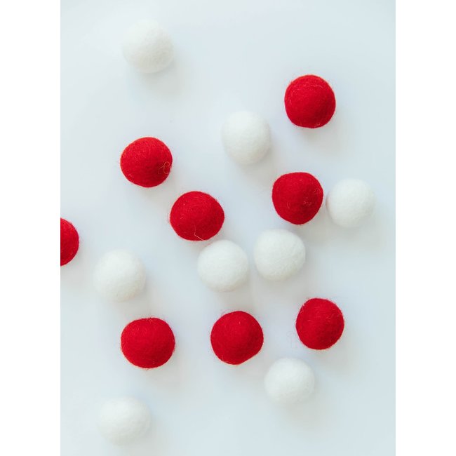 Wool Felt Balls, Red & White, set of 16, discontinued, while supplies last