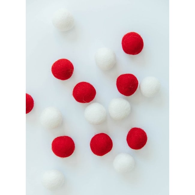 Wool Felt Balls, Red & White, set of 16