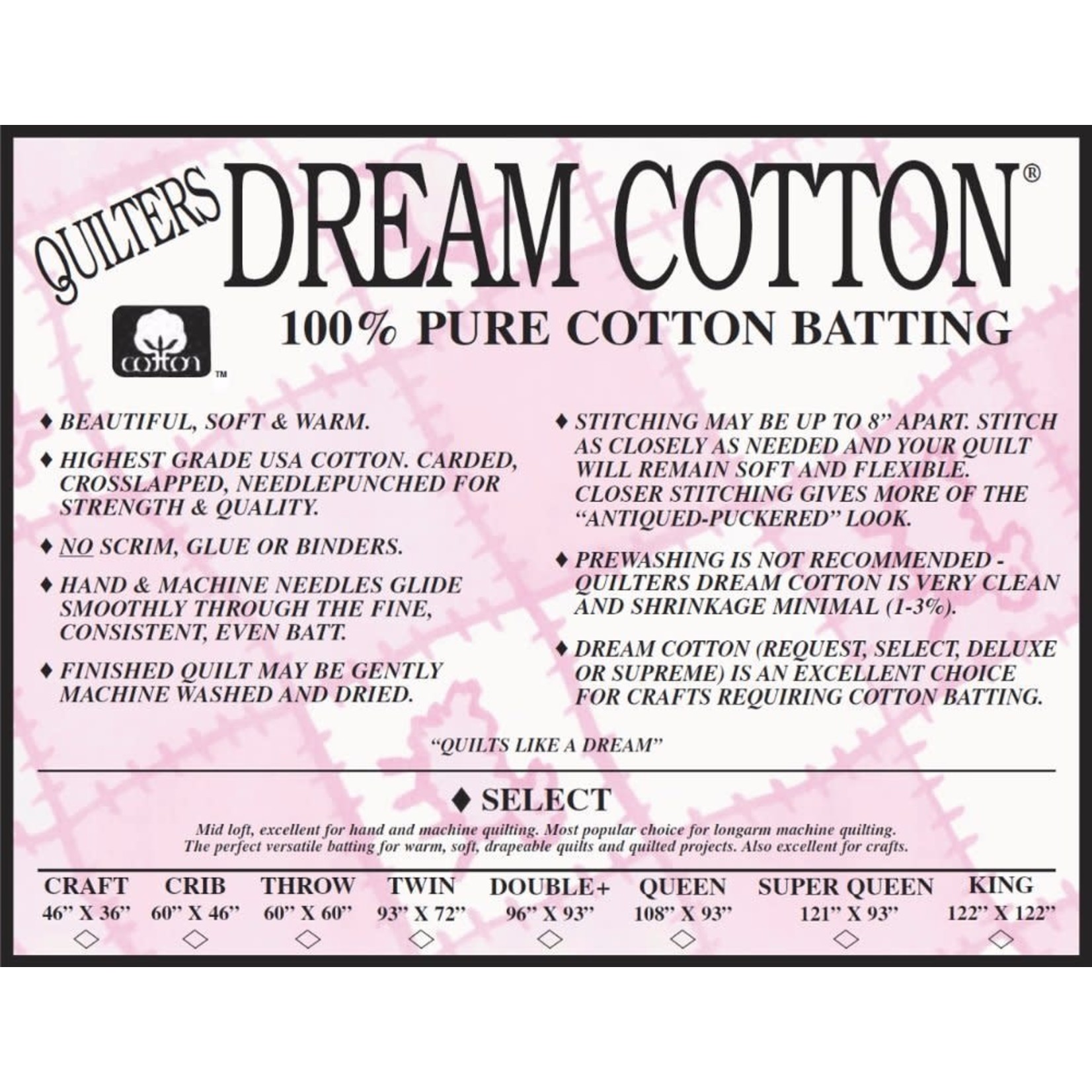 Dream Cotton DREAM COTTON SELECT THROW NATURAL BATTING 60" x 60"