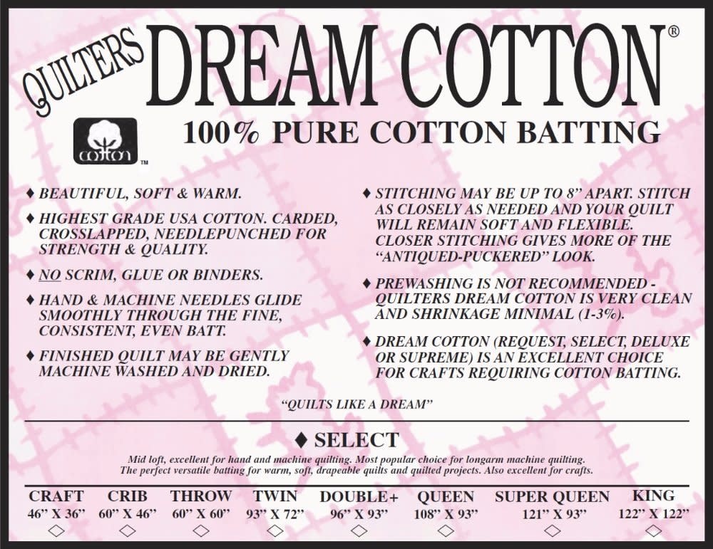 Dream Cotton DREAM COTTON SELECT KING NATURAL BATTING 122" x 120"
