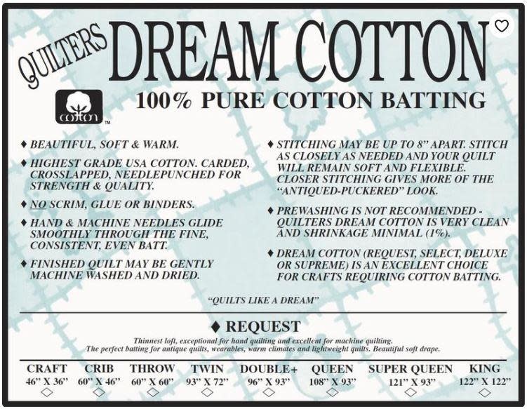 Dream Cotton DREAM COTTON REQUEST CRAFT NATURAL BATTING 46" x 36"
