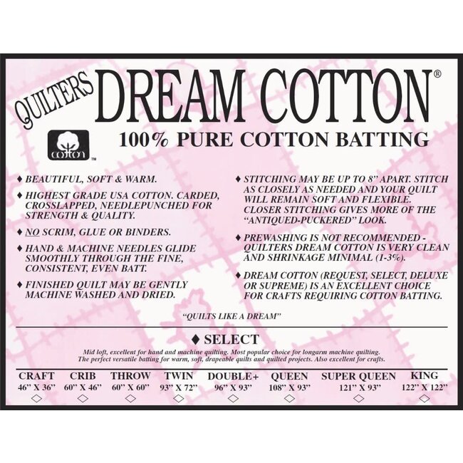 Roll DREAM COTTON SELECT NATURAL BATTING 121” WIDE 0.30or $30M