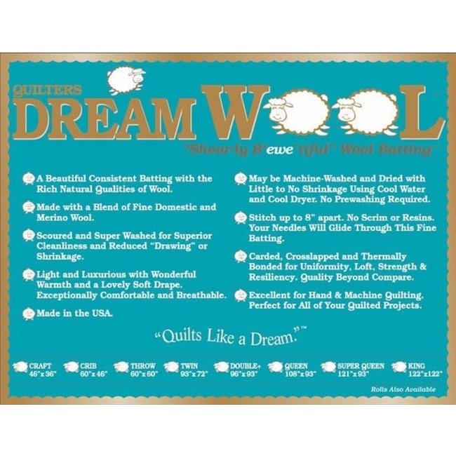 Roll DREAM WOOL BATTING 120” .38/CM OR $38.00/M