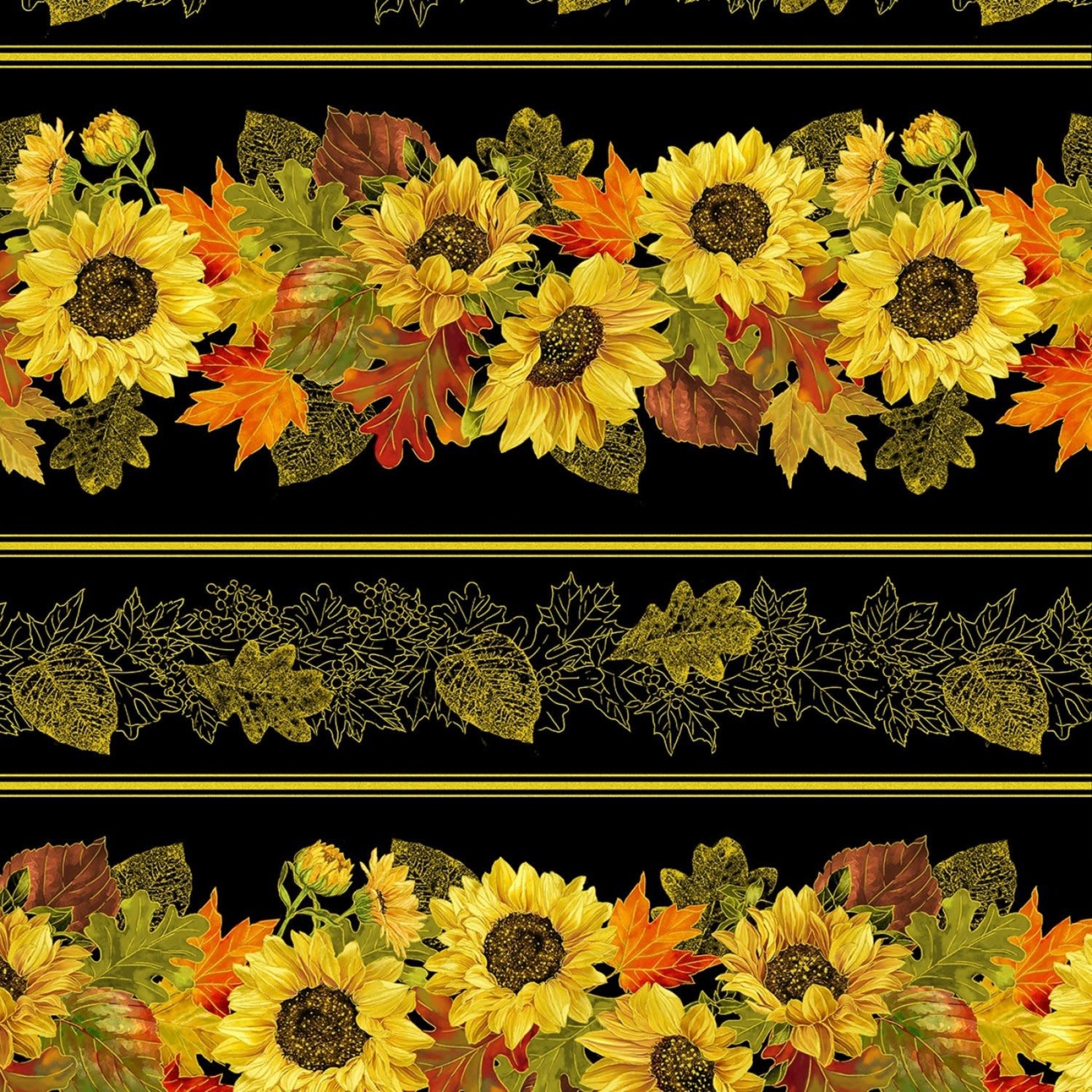 Timeless Treasures Fall Glory, Metallic Harvest Sunflower Border Stripe 11" repeat, Black (CM8541) $0.20 per cm or $20/m