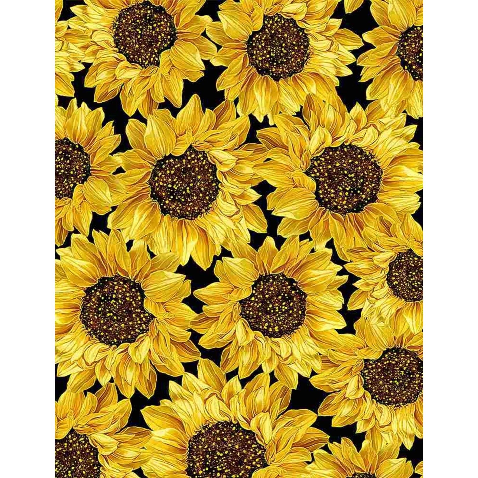 Timeless Treasures Fall Glory, Packed Metallic Sunflowers, Black (CM8543) $0.20 per cm or $20/m