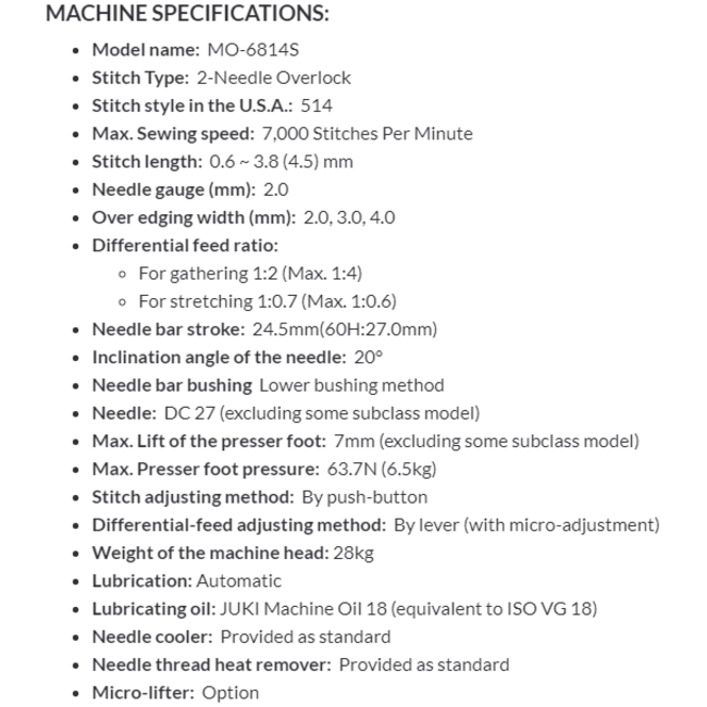 Juki MO-6814s 4 Thread High-speed Overlock Industrial Serger w/ Table, Stand and Servo Motor