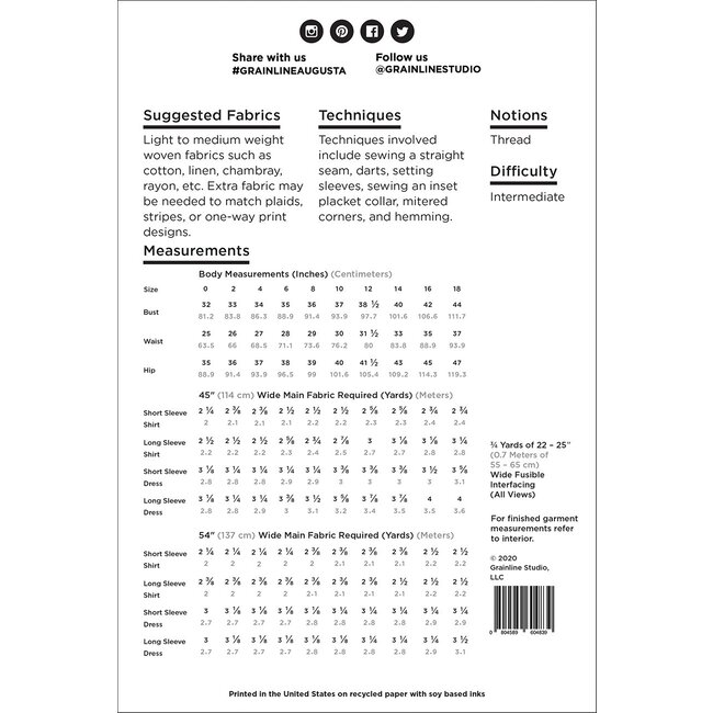 AUGUSTA SHIRT & DRESS SIZES 0-18