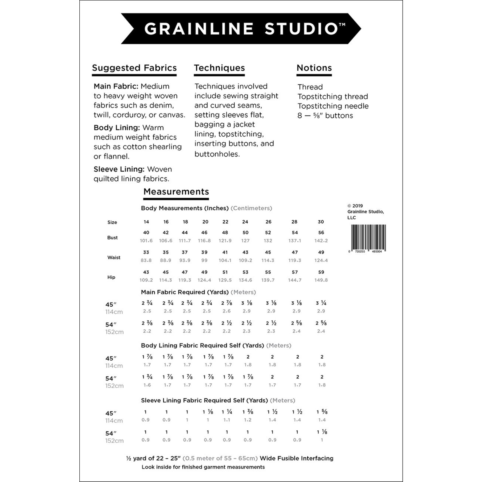 Grainline Studio THAYER JACKET PATTERN SIZES 14-30