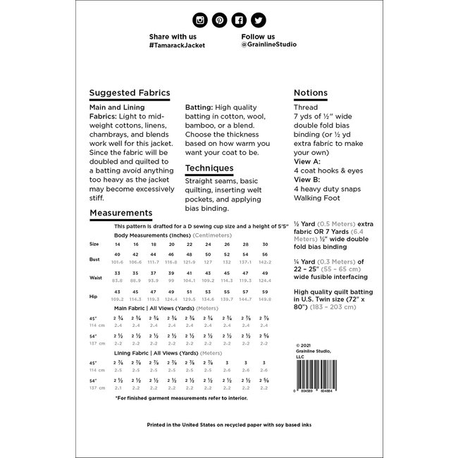 Tamarack Jacket Pattern 14-30