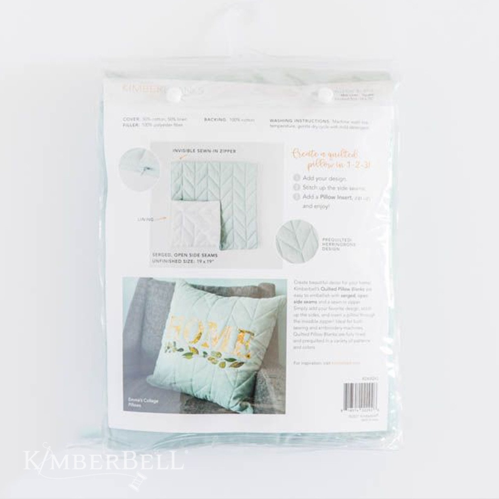 Kimberbell Designs Quilted Pillow Blank, 19"x19" Mist Blue Linen, Herringbone Quilting
