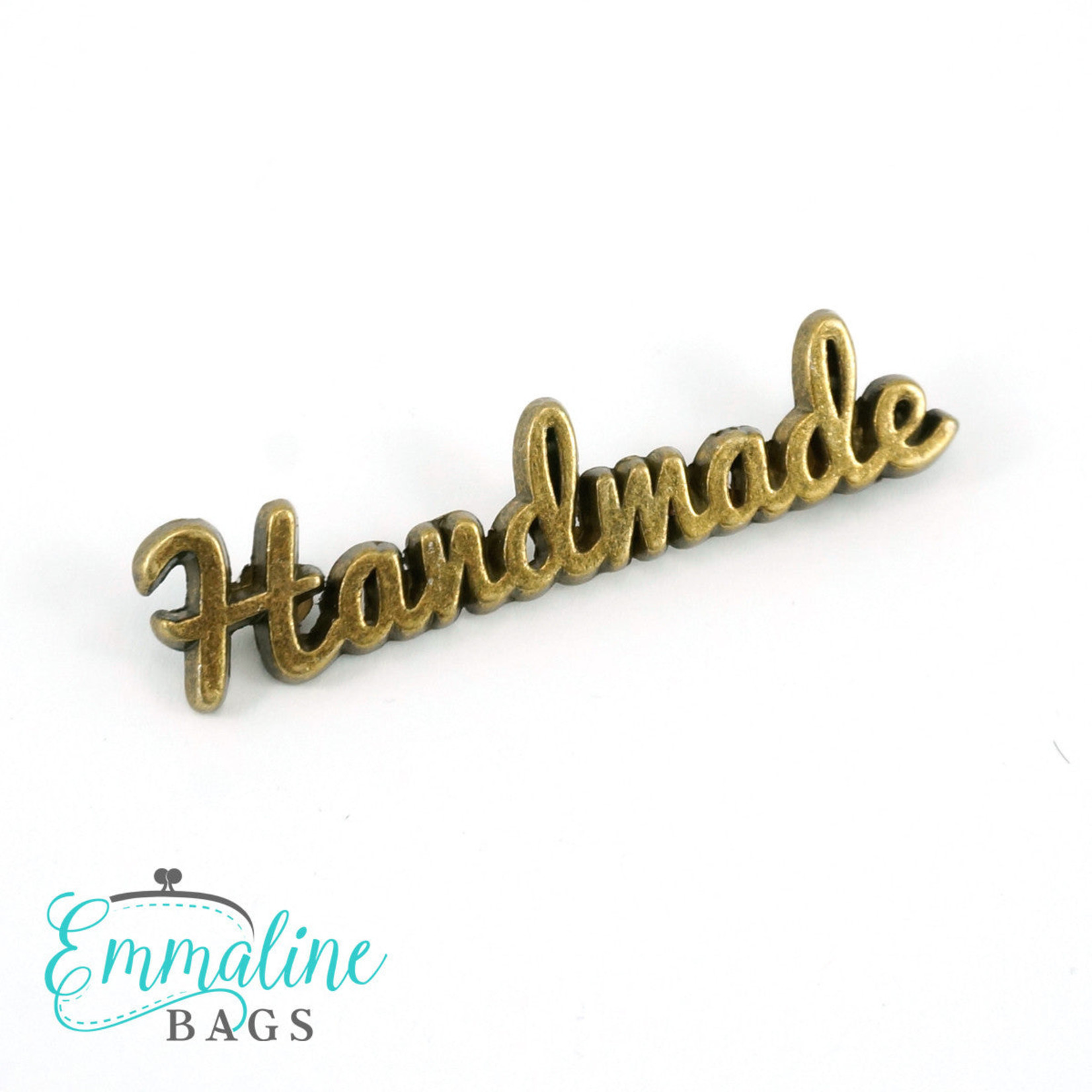 Emmaline Metal Bag Label: Script Style "Handmade"