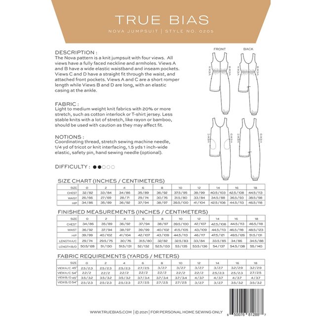 Nova Pantsuit Pattern size 0-18