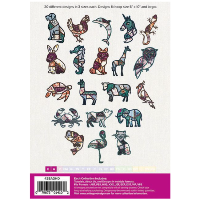 Puffy Foam Crazy Quilt Animals Full Collection Hoop sizes 6” x 10” to 9.5” x 14”