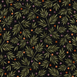 Maywood Autumn Harvest Flannel, Leaves & Berries - Black, per cm or $22/m