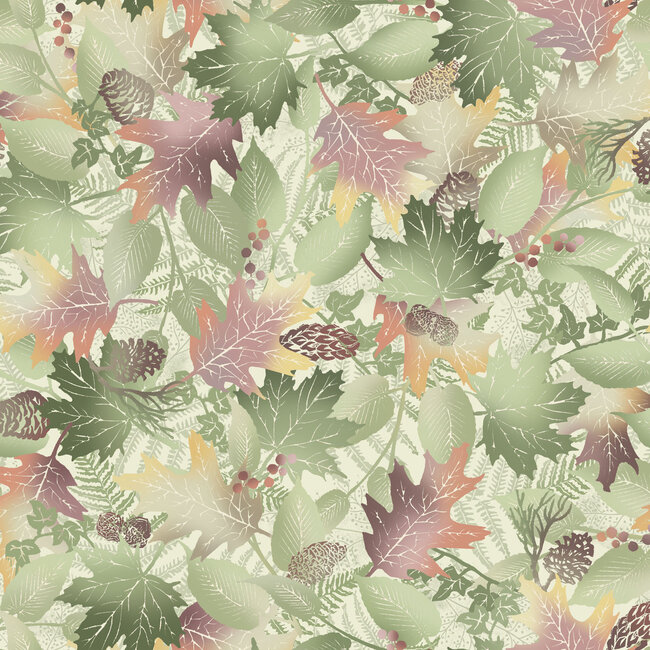 Forest Chatter, Leaves - Cream,  per cm or $22/m