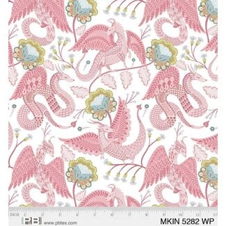 P&B Textiles Mystical Kingdom, Dragons Dusty Rose om White - 5282 - T $0.20 per cm or $20/m