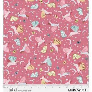 P&B Textiles Mystical Kingdom, Tossed Unicorns on Dark Rose - 5283 - P $0.20 per cm or $20/m