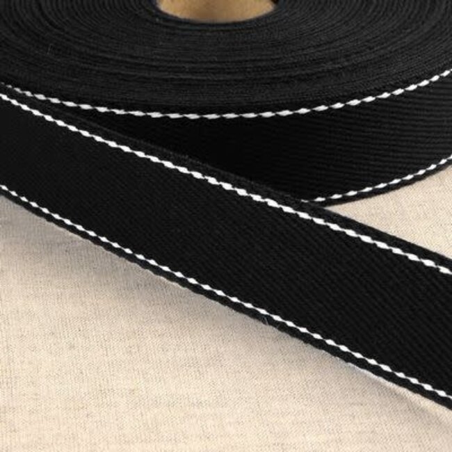 100% Cotton Webbing with Stitches, per metre Black