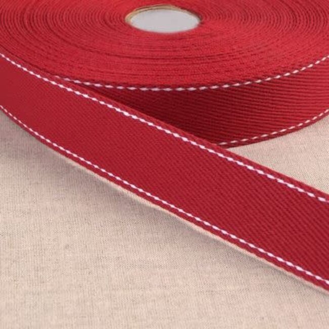 100% Cotton Webbing with Stitches, per metre Red