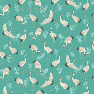 Makower UK Michiko Cranes, Teal, MK2331-T, $0.20 per cm or $20/m