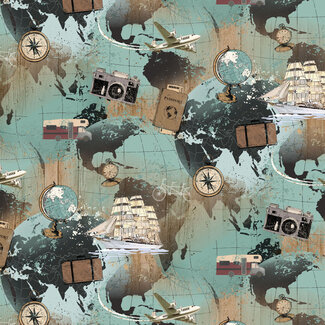 Clothworks Explore Digital World Map, Y4297-103 Light Teal, $0.20 per cm or $20/m