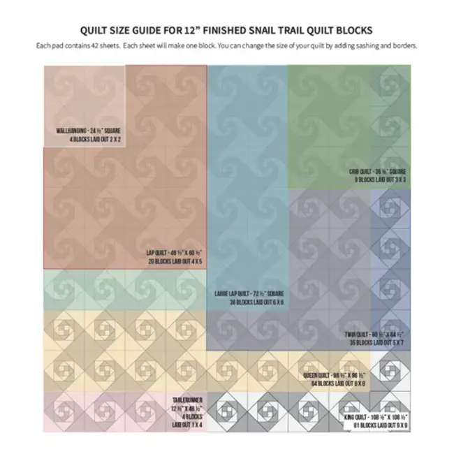 Snail Trail Quilt Block Foundation Paper Piecing Pad, 42 sheets, 12in blocks